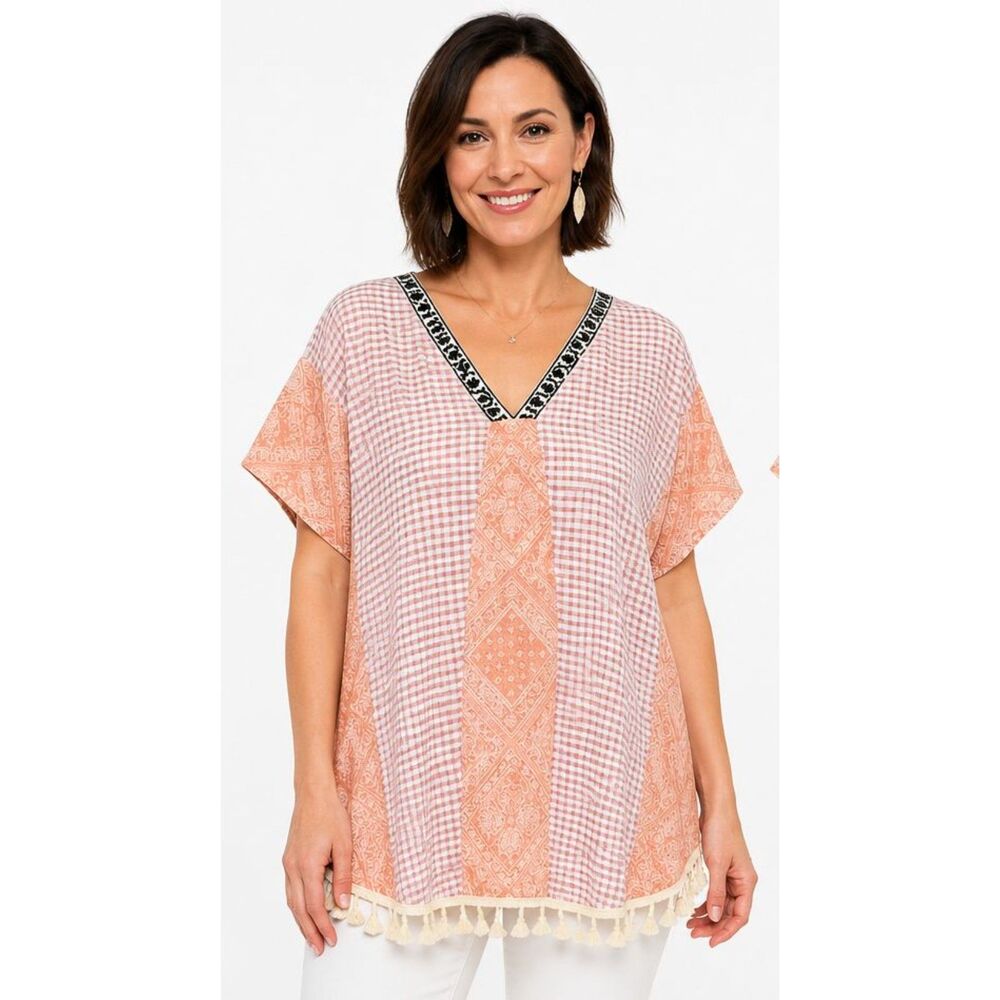 New GIGIO  L 12 14 16  Dusty Apricot Gingham Bandana Oversized Caftan Tunic Top